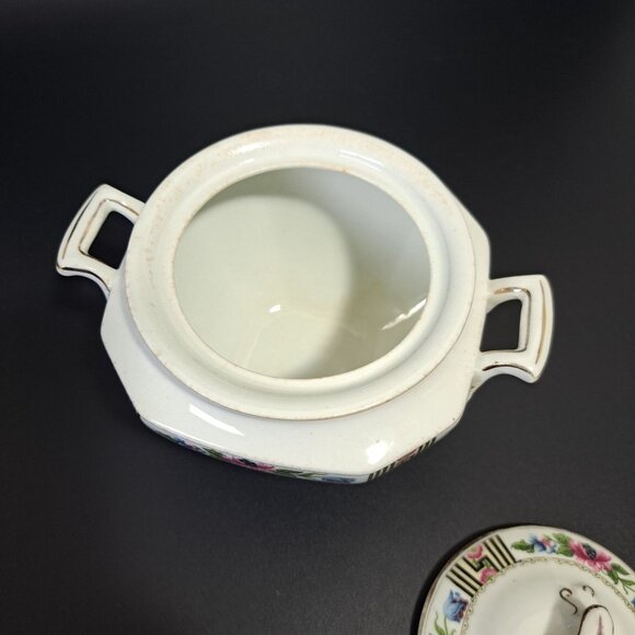 J & G Meakin England SOL Square Covered Sugar Bowl With Gold Trim & Black Pink F - Picture 10 of 16